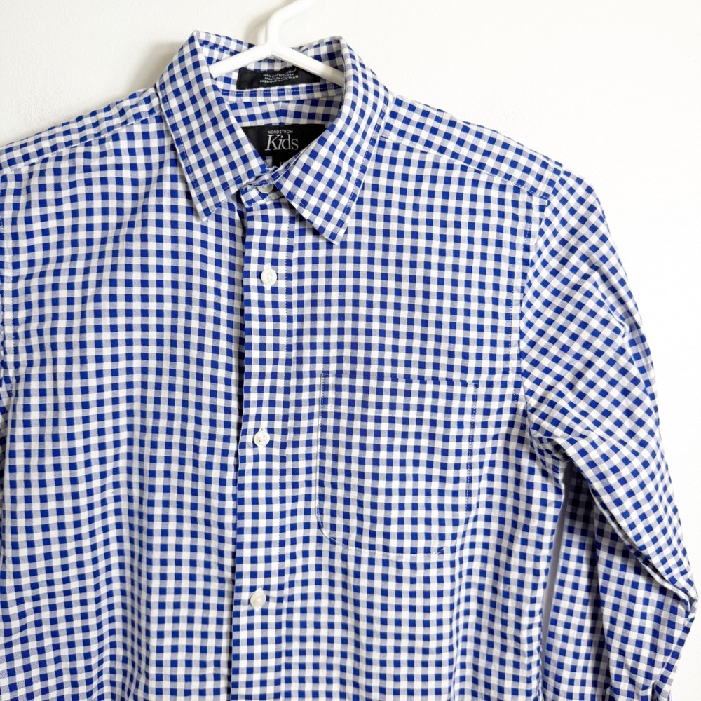Nordstrom Kids Button Down Shirt Boys 12 Blue Gingham Long Sleeve Cotton Top